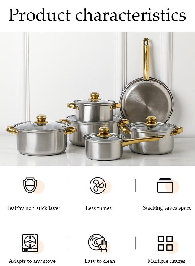 DUNISO 12 Pcs Stainless Steel Cookware, Non Stick Household Kitchen Pot, Ergonomic Gold-Plated Handle, Easy To Clean, Stackable, With Kettle, Frying Pan, Soup Pot And Milk Pot, Suitable For Induction Cookers, Dishwashers, Ovens - Image 3