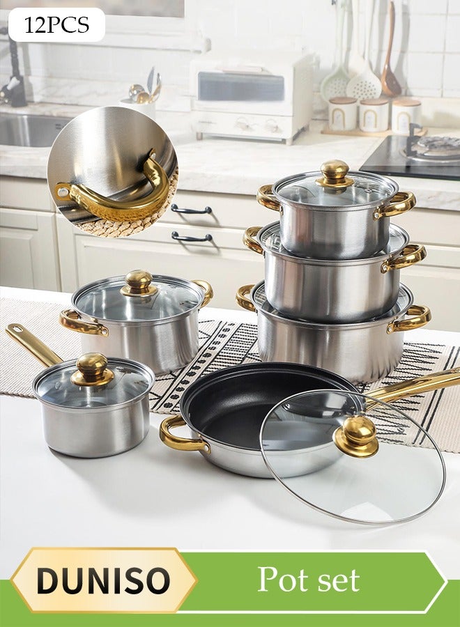 DUNISO 12 Pcs Stainless Steel Cookware, Non Stick Household Kitchen Pot, Ergonomic Gold-Plated Handle, Easy To Clean, Stackable, With Kettle, Frying Pan, Soup Pot And Milk Pot, Suitable For Induction Cookers, Dishwashers, Ovens - Image 1