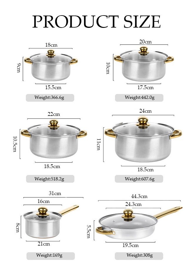 DUNISO 12 Pcs Stainless Steel Cookware, Non Stick Household Kitchen Pot, Ergonomic Gold-Plated Handle, Easy To Clean, Stackable, With Kettle, Frying Pan, Soup Pot And Milk Pot, Suitable For Induction Cookers, Dishwashers, Ovens - Image 2