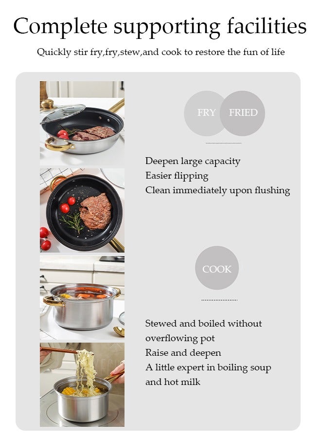 DUNISO 12 Pcs Stainless Steel Cookware, Non Stick Household Kitchen Pot, Ergonomic Gold-Plated Handle, Easy To Clean, Stackable, With Kettle, Frying Pan, Soup Pot And Milk Pot, Suitable For Induction Cookers, Dishwashers, Ovens - Image 5