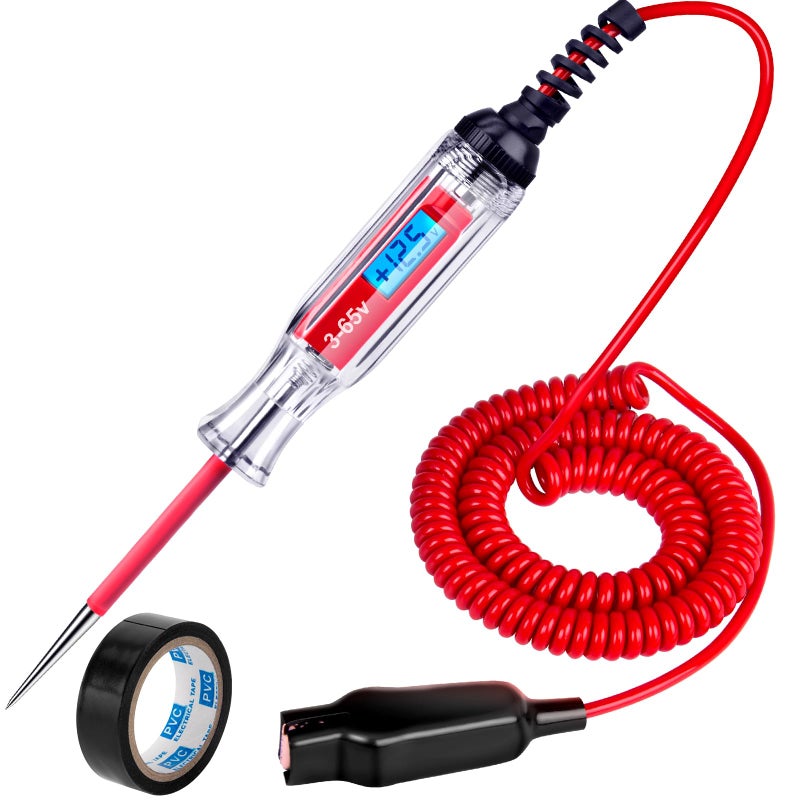 Heavy Duty 3-48V Backlit Digital LCD Circuit Tester, Test Light with 140 Inch Extended Spring Wire, Car Truck Low Voltage & Light Tester with Stainless Probe