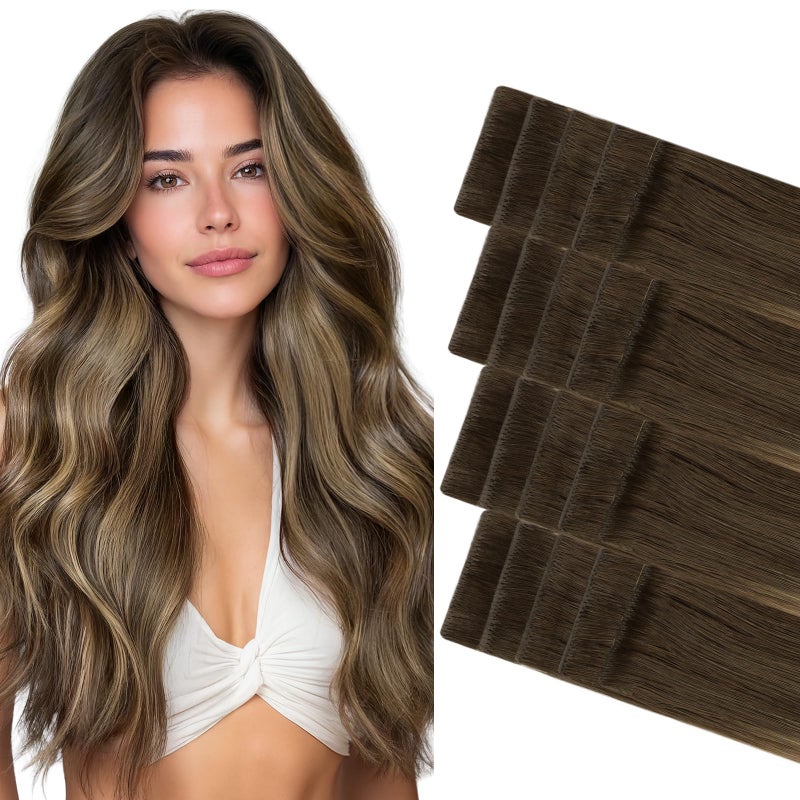 Goo-Goo GOO GOO Invisi Edge Tape in Hair Extensions Human Hair, 4/27/4 Balayage Chocolate Brown to Caramel Blonde 20pcs 18inch 50g, Virgin Remy Hair, Seamless Injected Tape, Natural Look - Image 1