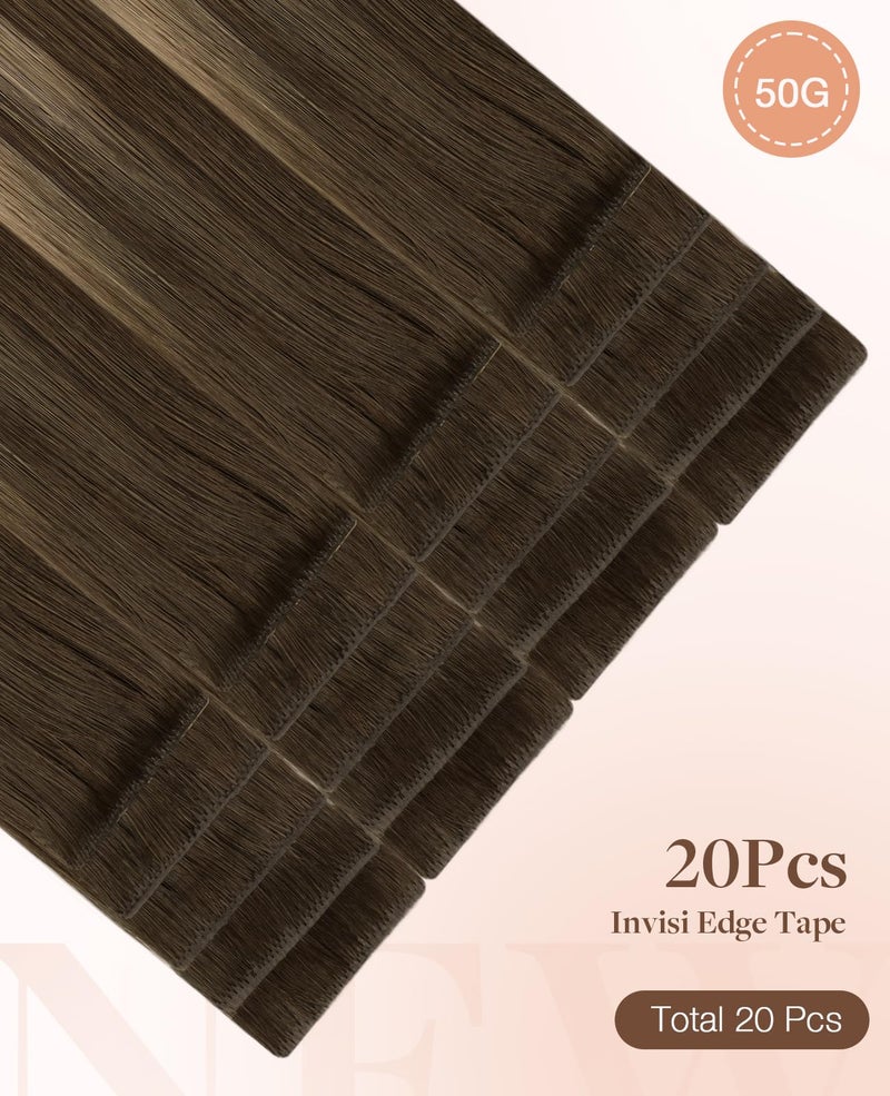 Goo-Goo GOO GOO Invisi Edge Tape in Hair Extensions Human Hair, 4/27/4 Balayage Chocolate Brown to Caramel Blonde 20pcs 18inch 50g, Virgin Remy Hair, Seamless Injected Tape, Natural Look - Image 2