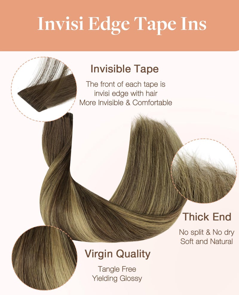 Goo-Goo GOO GOO Invisi Edge Tape in Hair Extensions Human Hair, 4/27/4 Balayage Chocolate Brown to Caramel Blonde 20pcs 18inch 50g, Virgin Remy Hair, Seamless Injected Tape, Natural Look - Image 5