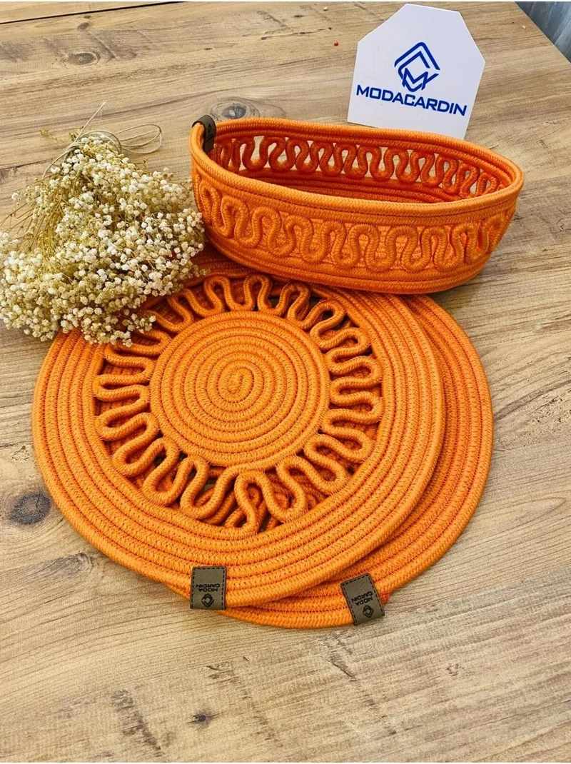 BDZ Deri BDZ Leather Jute Wicker American Service Plate and Basket 3 Pieces