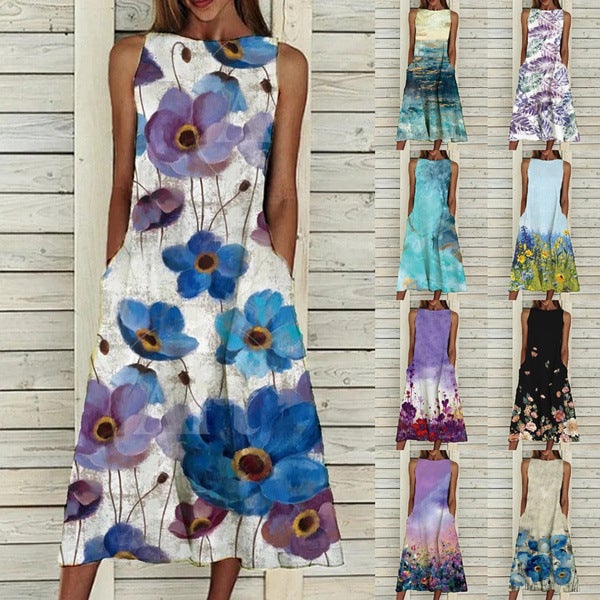 Cross-border Direct European and American Womens 2021 Summer New Dress Floral Print Elegant Dress for Women Beige