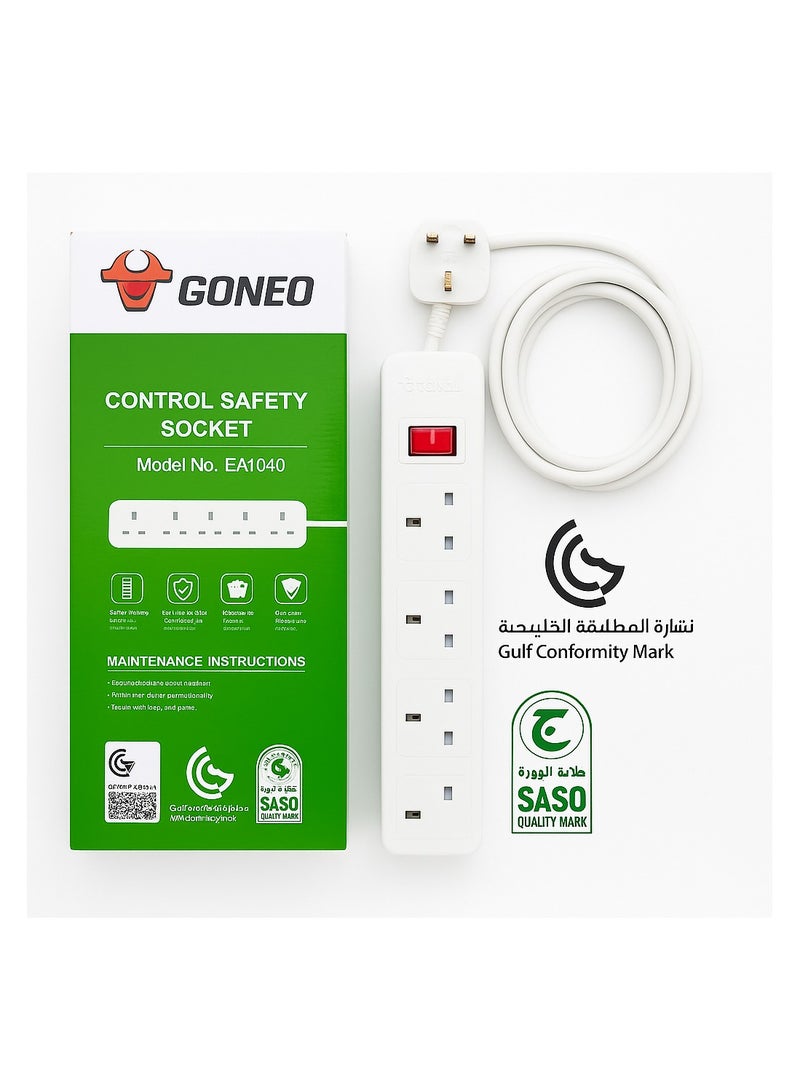 جونيو مشترك كهربائي GONEO رباعي المنافذ مع زر تحكم – كابل 5 أمتار، حماية من الحمل الزائد، تصميم بريطاني حديث، طاقة حتى 13 أمبير (موديل EA1040-50) - Image 5