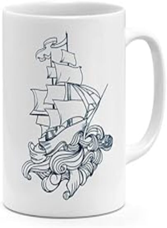 RYN PRINTED DESIGN Vintage War Ship Pirates Ship - Coffee Mug White 11ounce