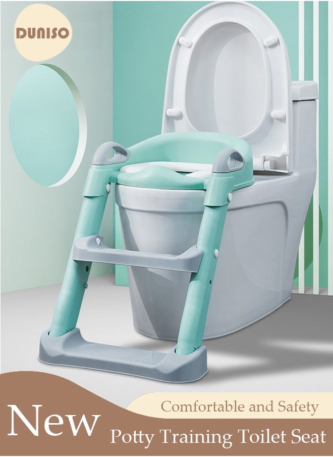 DUNISO Kids' Potty Training Toilet Seat , Toddler Toilet Seat With Step Stool Ladder, Foldable Toddler Potty Seat For Toilet With Non-Slip Design, Adjustable Height For Baby Kids 2 To 5 Years Boys Girls Green  - Image 1