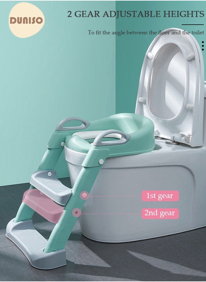 DUNISO Kids' Potty Training Toilet Seat , Toddler Toilet Seat With Step Stool Ladder, Foldable Toddler Potty Seat For Toilet With Non-Slip Design, Adjustable Height For Baby Kids 2 To 5 Years Boys Girls Green  - Image 2