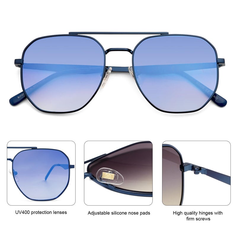 SOJOS Classic Square Aviator Sunglasses for Women Men Retro Hexagon UV400 Protection Shades SJ1222, Blue/Blue Mirrored - Image 3