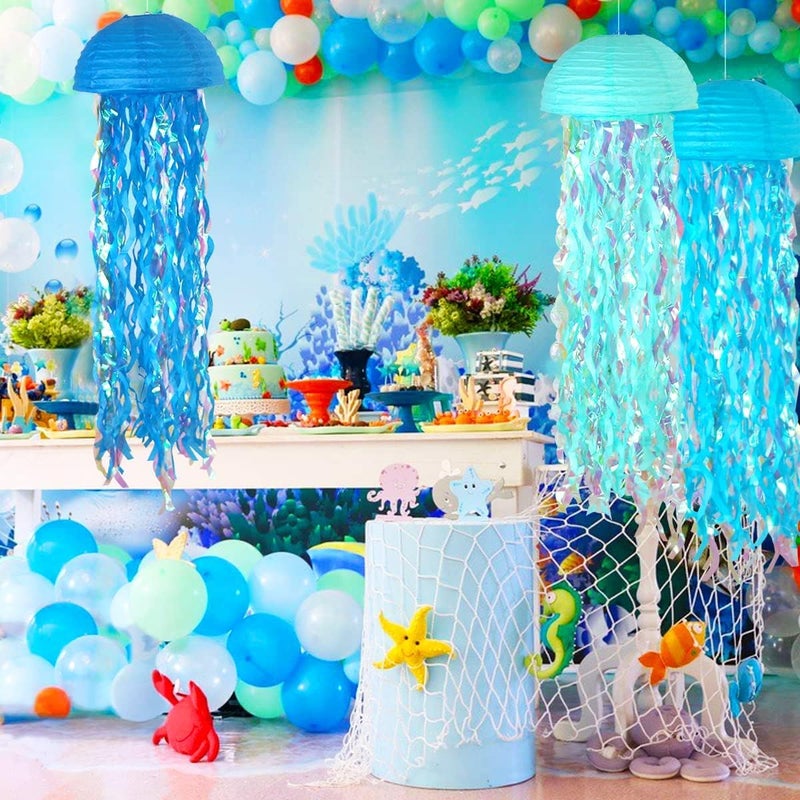 LBOYLOVE 6 Pcs Jellyfish Paper Lanterns, Blue Hanging Jellyfish Paper Lanterns, Colorful Hanging Paper Lanterns for Birthday Party, Baby Shower, Baby Room Decorations - Image 4