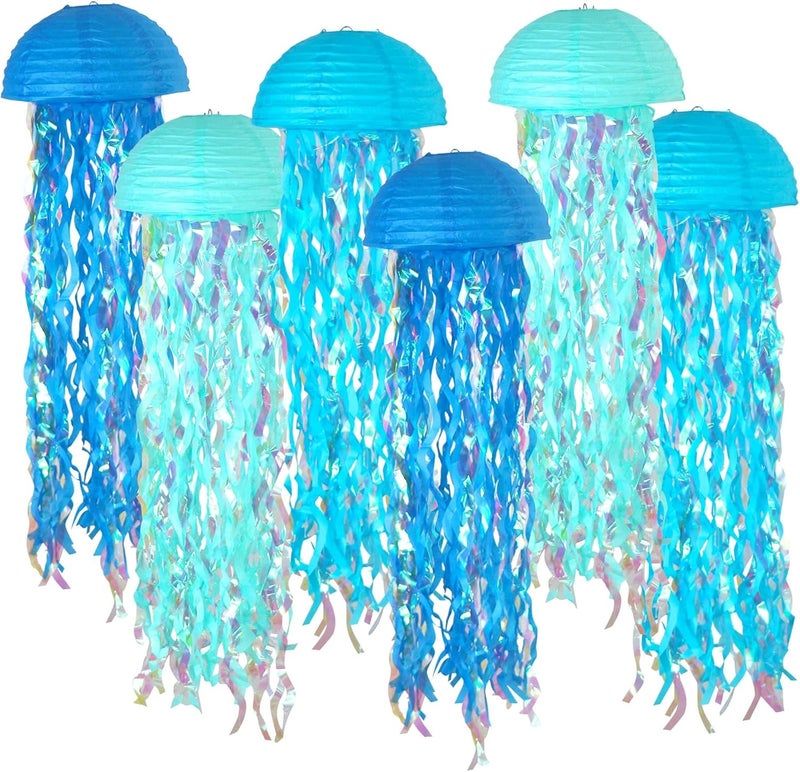 LBOYLOVE 6 Pcs Jellyfish Paper Lanterns, Blue Hanging Jellyfish Paper Lanterns, Colorful Hanging Paper Lanterns for Birthday Party, Baby Shower, Baby Room Decorations - Image 1