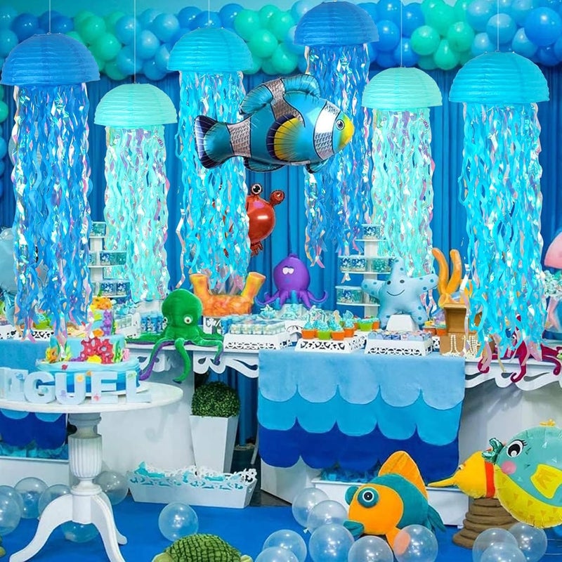 LBOYLOVE 6 Pcs Jellyfish Paper Lanterns, Blue Hanging Jellyfish Paper Lanterns, Colorful Hanging Paper Lanterns for Birthday Party, Baby Shower, Baby Room Decorations - Image 2