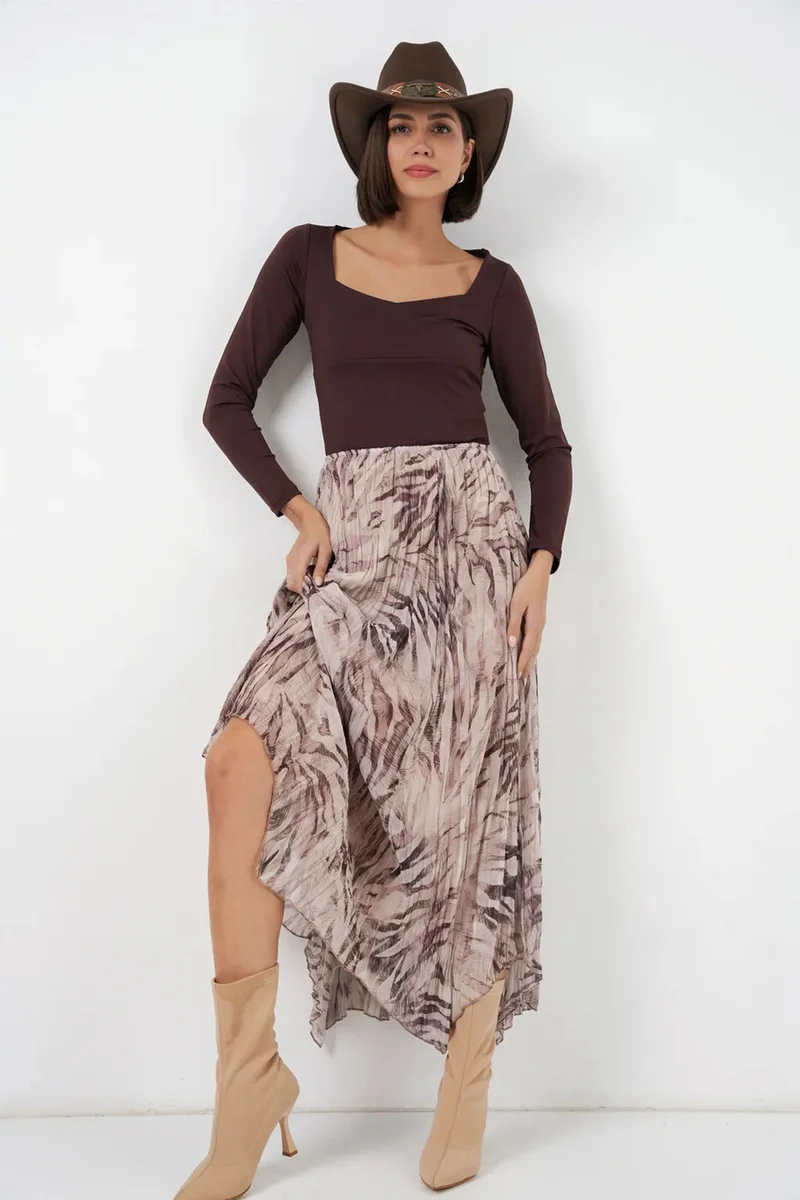 Big Dart Beige Natural BDART Asymmetrical Patterned Maxi Skirt for Women | Best Price UAE