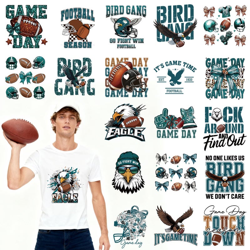 Dazoratix Football Iron on Transfers - 20 Sheets Green Eagle DTF Ready to Press Heat Patches Sport Lover Helmet Bow Vinyl Stickers Decals for T Shirts Clothes Hoodies Pillow Bag DIY Crafts Decorations - Image 1