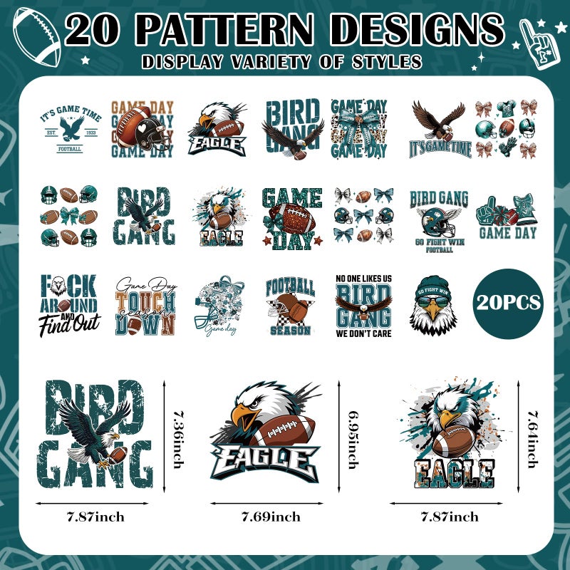 Dazoratix Football Iron on Transfers - 20 Sheets Green Eagle DTF Ready to Press Heat Patches Sport Lover Helmet Bow Vinyl Stickers Decals for T Shirts Clothes Hoodies Pillow Bag DIY Crafts Decorations - Image 4