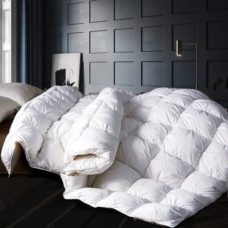 Alanzimo Pinch Pleat Goose Down Comforter California King Size Ultra Soft CottonPoly Blend Cover AllSeason Medium Warm Duvet Insert Luxury Noiseless 100 DownProof 750 Fill Power with 8 Tabs
