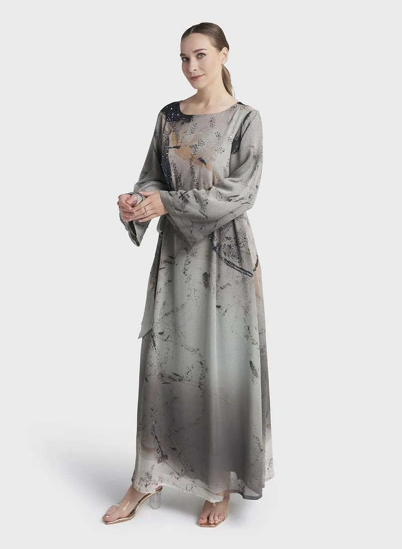 Kashkha  Grey Abstract Print Chiffon Maxi Dress (VDX11) for Women | Best Price UAE