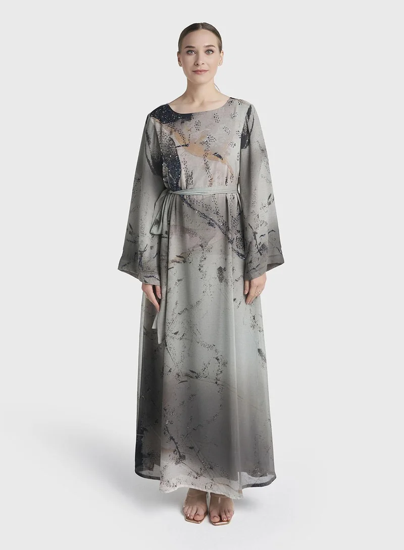 كشخة Grey Abstract Print Chiffon Maxi Dress (VDX11)