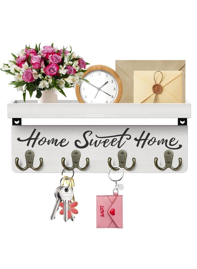buways Key Holder Wall-Mounted Key and Mail Holder,Wooden Wall Shelf with Hooks with 4 Double Key Hooks, Rustic Home Apartment Decor Aesthetic for Entryway (White) - Image 1
