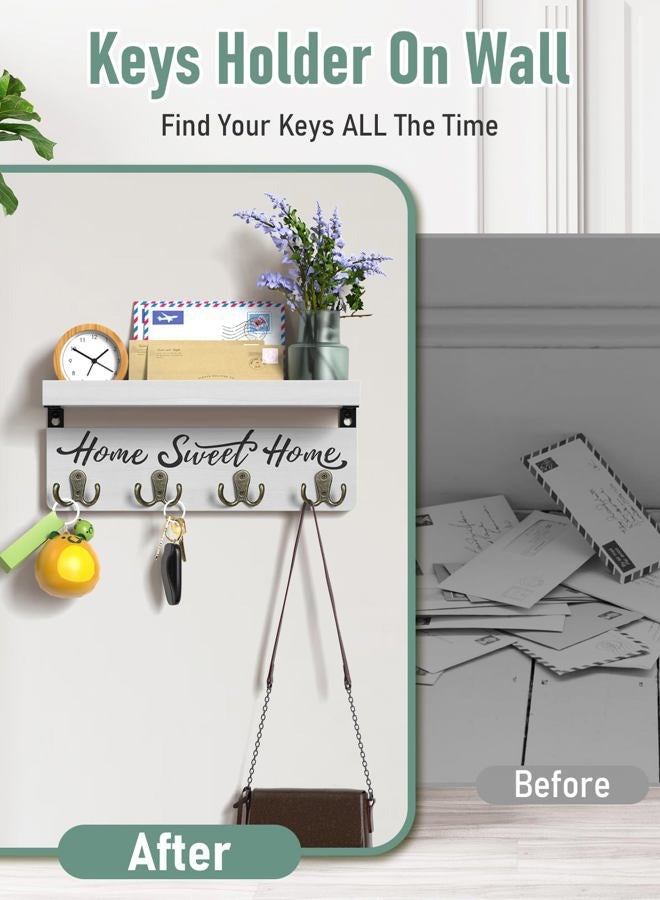 buways Key Holder Wall-Mounted Key and Mail Holder,Wooden Wall Shelf with Hooks with 4 Double Key Hooks, Rustic Home Apartment Decor Aesthetic for Entryway (White) - Image 3