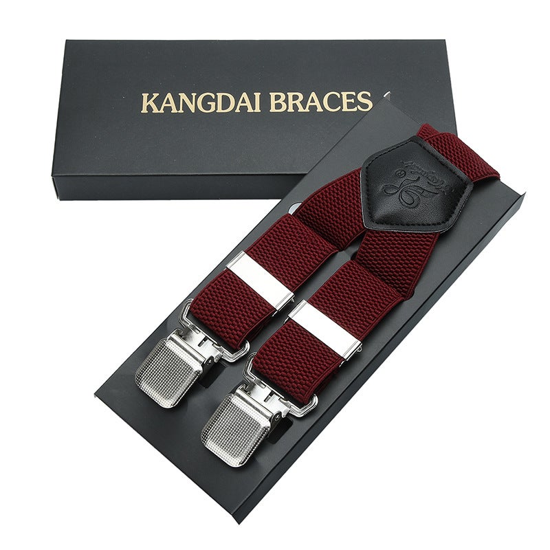 Elastic Adjustable Mens Suspenders with 4 Clips Wine red 