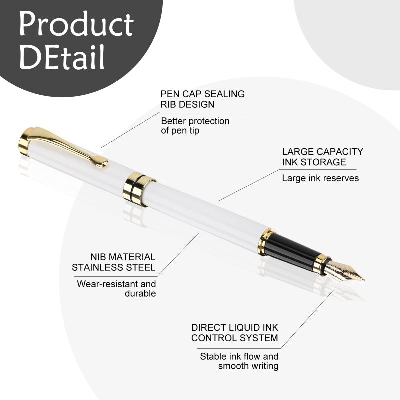 Tiankool Luxury Fountain Pen,Fine Nib, Exquisite Pen Gift Set for Men&Women-Includes 10 Ink Cartridges&Ink Converter- Nice Pens - White - Image 2