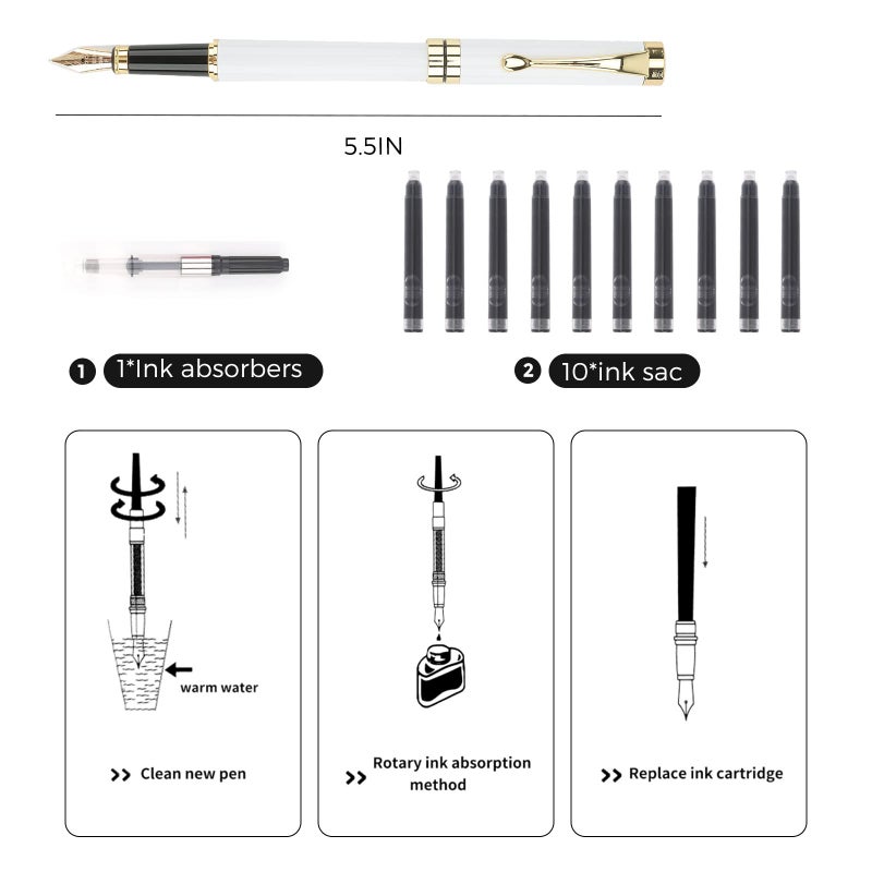 Tiankool Luxury Fountain Pen,Fine Nib, Exquisite Pen Gift Set for Men&Women-Includes 10 Ink Cartridges&Ink Converter- Nice Pens - White - Image 5