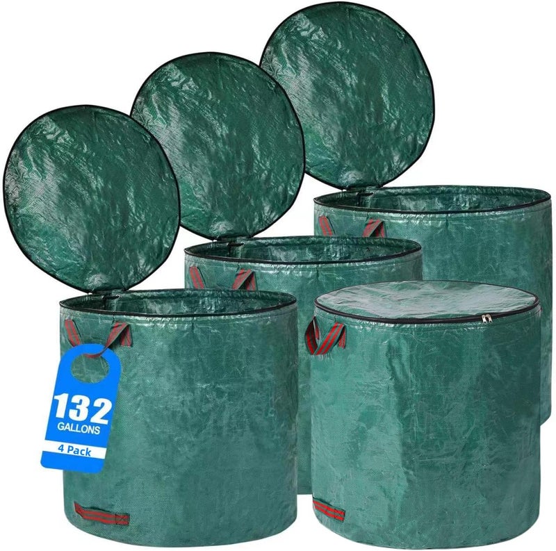 Pilntons 4 Pack 132 Gallons Reusable Yard Waste Bags with Double Bottom and Zipper Lid, Heavy Duty with 4 Handles, Garden Waste Container for Debris, Grass Clipping - Image 1
