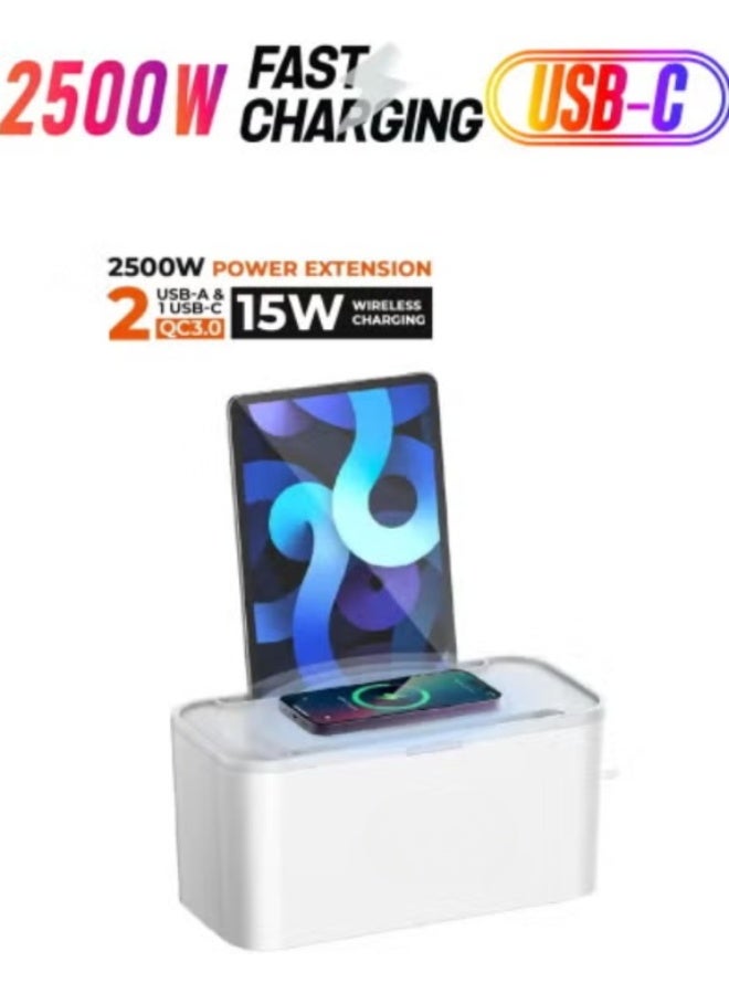 ريبنيو سلك تمديد طاقة 4 في 1 مع شاحن لاسلكي بقوة 15 وات وصندوق إدارة الكابلات، و5 منافذ توصيل عالمية 30 وات من منافذ USB-C وUSB-A وQC3.0، وحاملان للكمبيوتر اللوحي وكابل تمديد بطول 2 متر - Image 1