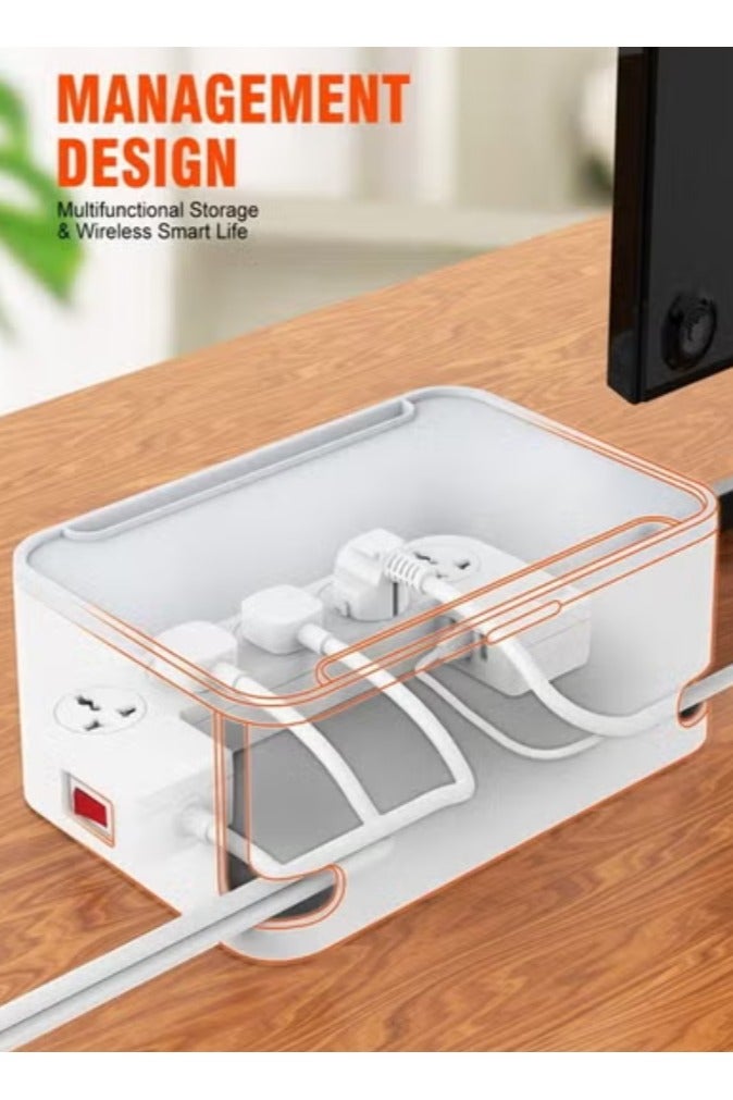 ريبنيو سلك تمديد طاقة 4 في 1 مع شاحن لاسلكي بقوة 15 وات وصندوق إدارة الكابلات، و5 منافذ توصيل عالمية 30 وات من منافذ USB-C وUSB-A وQC3.0، وحاملان للكمبيوتر اللوحي وكابل تمديد بطول 2 متر - Image 3