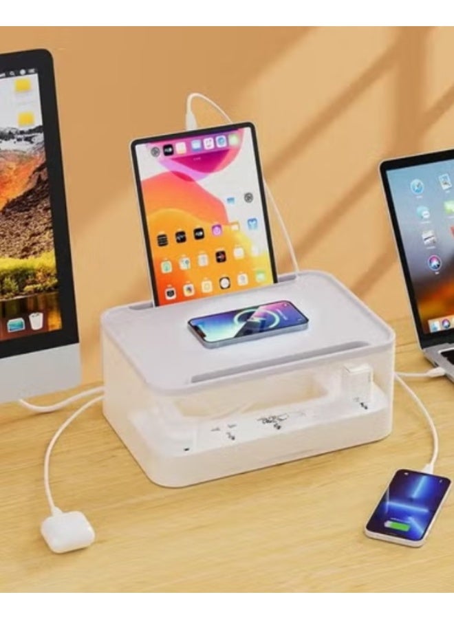 ريبنيو سلك تمديد طاقة 4 في 1 مع شاحن لاسلكي بقوة 15 وات وصندوق إدارة الكابلات، و5 منافذ توصيل عالمية 30 وات من منافذ USB-C وUSB-A وQC3.0، وحاملان للكمبيوتر اللوحي وكابل تمديد بطول 2 متر - Image 5