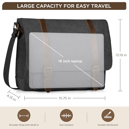 SMRITI Vintage Canvas Messenger Bag for Men 15.6-16 inch Laptop bag,Computer Satchel Shoulder Bag for School Work Travel (Black) - Image 5