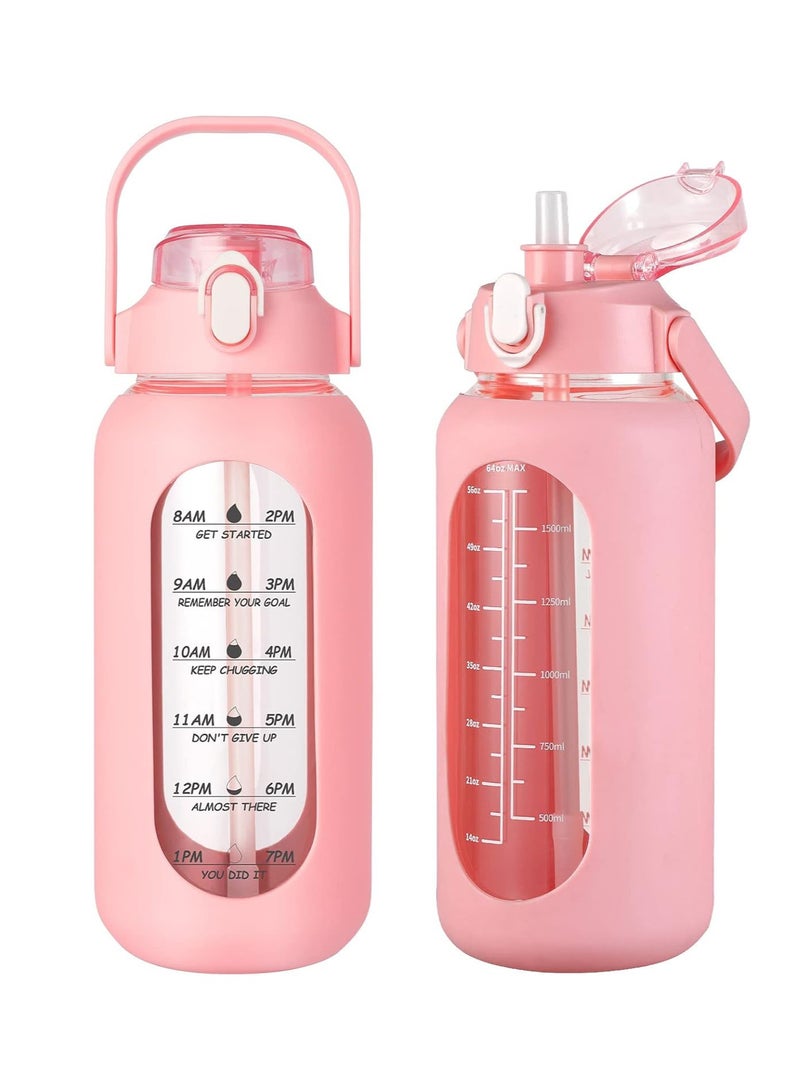 Arabest 64oz Glass Water Bottles with Straw, Half Gallon Motivational Glass Bottle with Silicone Sleeve and Time Marker, 2L Leakproof Large Glass Water Jug for Gym Home Office,Pink  - Image 1