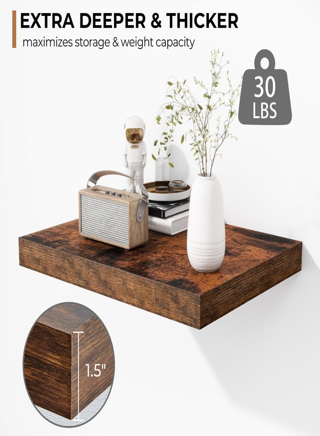 Fun Memories Floating Shelves - 2 Pack 12 Inch Deep Rustic Wooden Wall Shelves - Extra Deeper & Thicker Wall Mounted Storage Shelf for Living Room, Kitchen, Farmhouse - 16" W x 12" D x 1.5" H - Brown - Image 3
