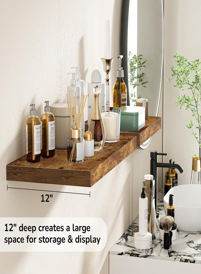 Fun Memories Floating Shelves - 2 Pack 12 Inch Deep Rustic Wooden Wall Shelves - Extra Deeper & Thicker Wall Mounted Storage Shelf for Living Room, Kitchen, Farmhouse - 16" W x 12" D x 1.5" H - Brown - Image 5