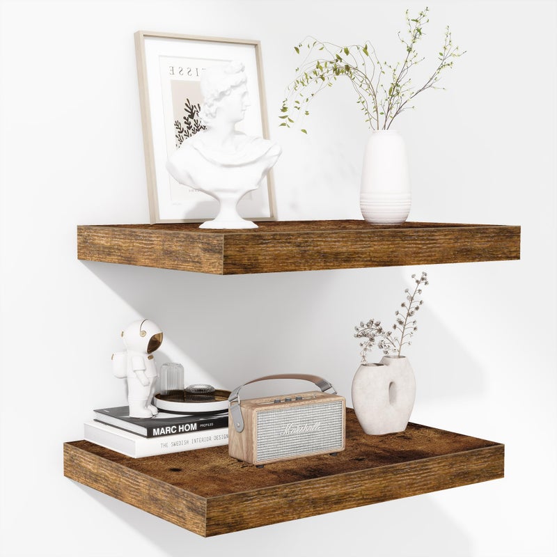 Fun Memories Floating Shelves - 2 Pack 12 Inch Deep Rustic Wooden Wall Shelves - Extra Deeper & Thicker Wall Mounted Storage Shelf for Living Room, Kitchen, Farmhouse - 16" W x 12" D x 1.5" H - Brown - Image 1