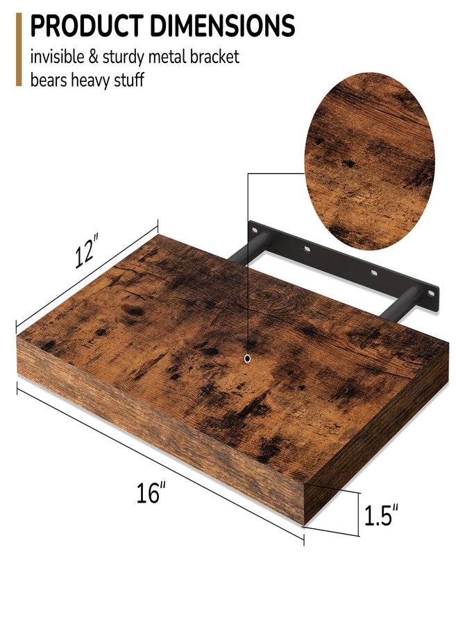 Fun Memories Floating Shelves - 2 Pack 12 Inch Deep Rustic Wooden Wall Shelves - Extra Deeper & Thicker Wall Mounted Storage Shelf for Living Room, Kitchen, Farmhouse - 16" W x 12" D x 1.5" H - Brown - Image 2