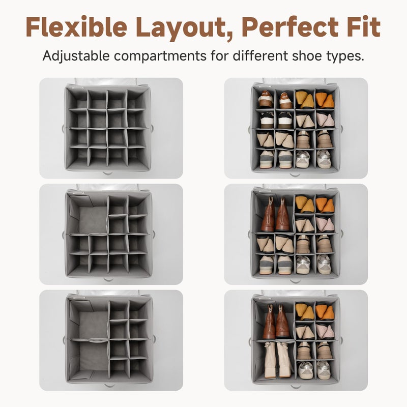 StorageWorks Shoe Organizer for Closet, Fits up to 16 Pairs, Shoe Cubby Storage Containers with Adjustable Dividers and Clear Cover, Grey - Image 2