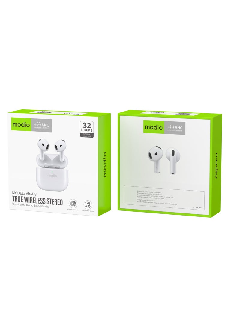 Modio Air-B8 True Wireless Stereo Earbuds with Active Noise Cancellation Bluetooth 5.4, 32 Hours Playtime HD Stereo Sound and Touch Control Compatible With iPhones and iPads White - Image 5