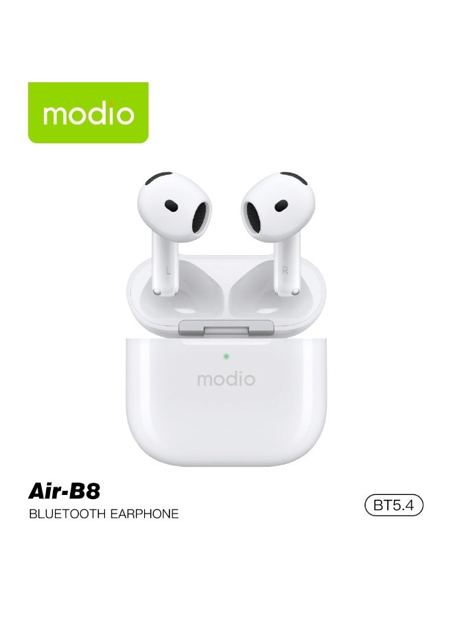 Modio Air-B8 True Wireless Stereo Earbuds with Active Noise Cancellation Bluetooth 5.4, 32 Hours Playtime HD Stereo Sound and Touch Control Compatible With iPhones and iPads White - Image 1