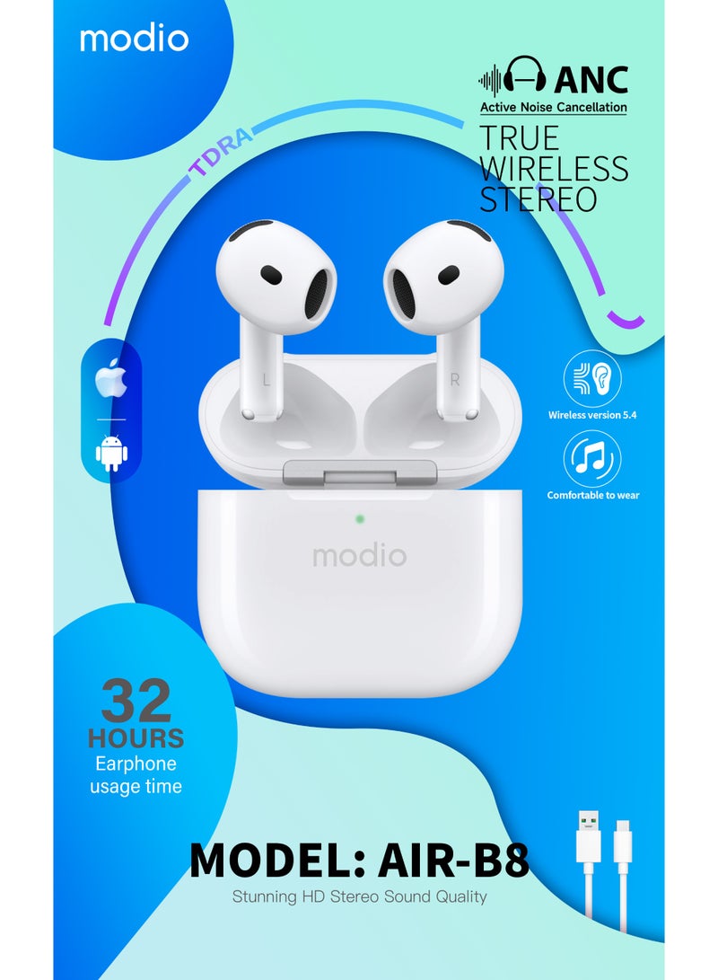 Modio Air-B8 True Wireless Stereo Earbuds with Active Noise Cancellation Bluetooth 5.4, 32 Hours Playtime HD Stereo Sound and Touch Control Compatible With iPhones and iPads White - Image 2