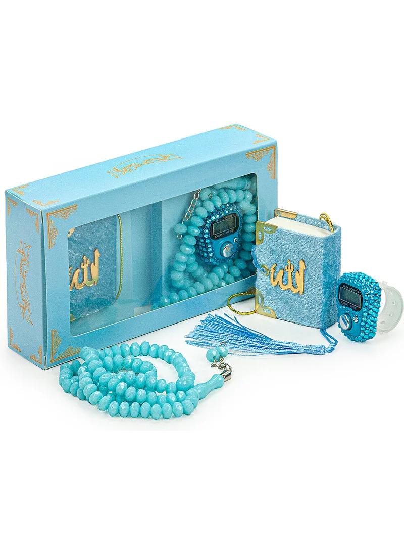 İhvan Online Ihvan Online Stone Zikirmatik Mini Quran and Crystal Stone Prayer Beads Hajj Umrah Gift Set Blue Color
