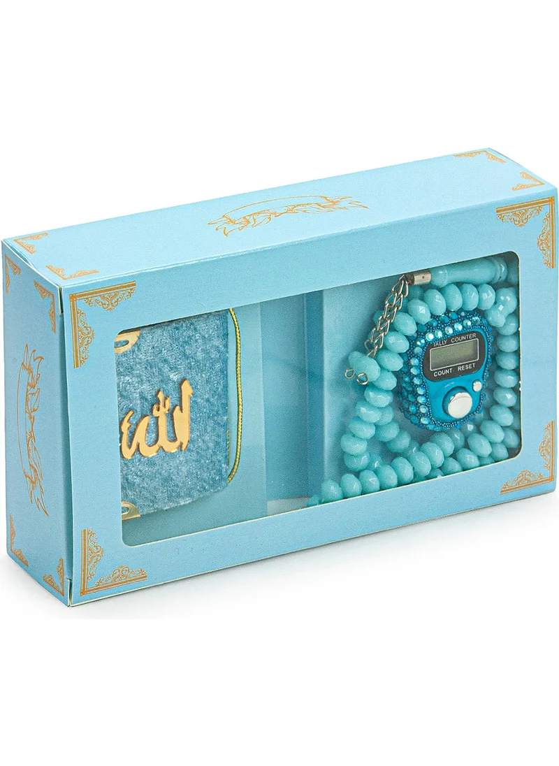 İhvan Online Ihvan Online Stone Zikirmatik Mini Quran and Crystal Stone Prayer Beads Hajj Umrah Gift Set Blue Color