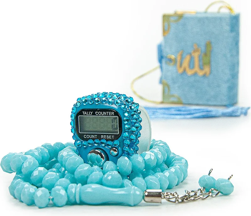 İhvan Online Ihvan Online Stone Zikirmatik Mini Quran and Crystal Stone Prayer Beads Hajj Umrah Gift Set Blue Color