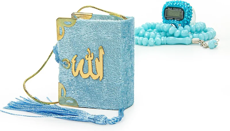 İhvan Online Ihvan Online Stone Zikirmatik Mini Quran and Crystal Stone Prayer Beads Hajj Umrah Gift Set Blue Color
