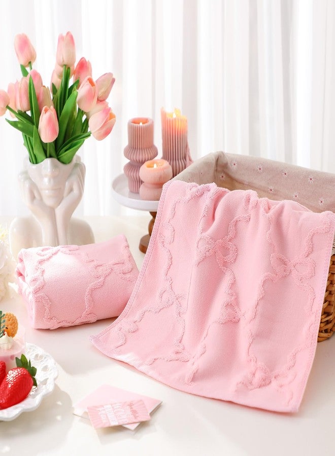 FuWeave منشفتان يدويتان من FuWeave مزينتان بفيونكة وردية اللون للحمام، مناشف يد أنيقة مصنوعة من القطن الخالص بنسبة 100%، ماصة للرطوبة، بنسيج جاكار مزخرف، ديكور حمام أنيق، هدية مثالية، مقاس 13.7 × 29.5 بوصة - Image 3
