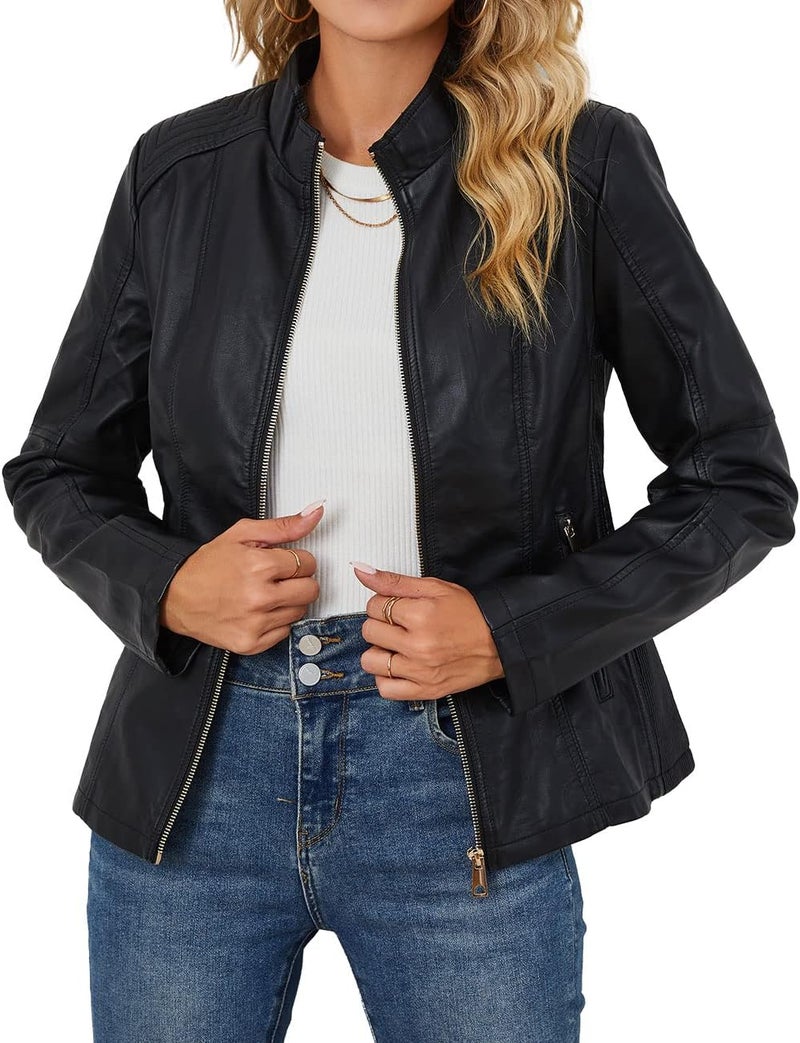 Bellivera Women's Faux Leather Motorcycle Jacket with Pockets - Black, XXL - Image 1