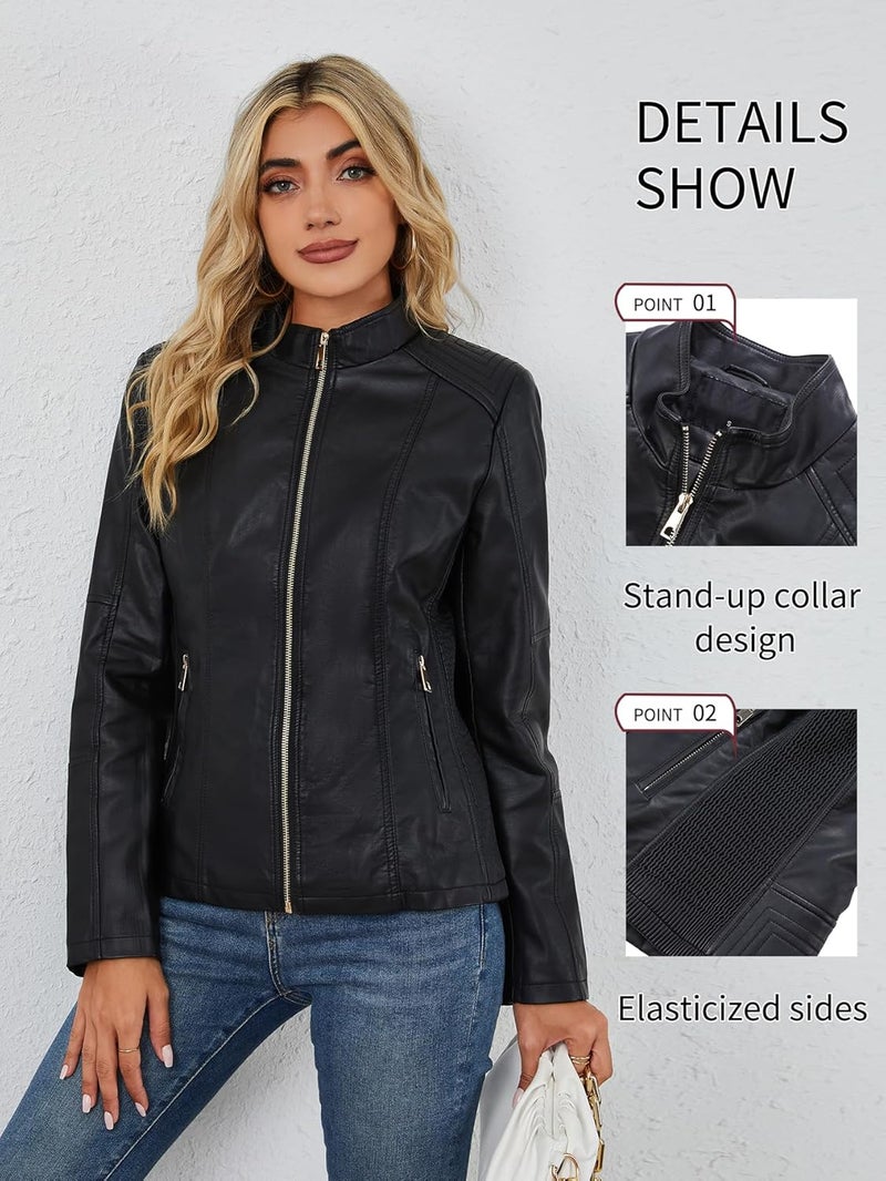 Bellivera Women's Faux Leather Motorcycle Jacket with Pockets - Black, XXL - Image 3